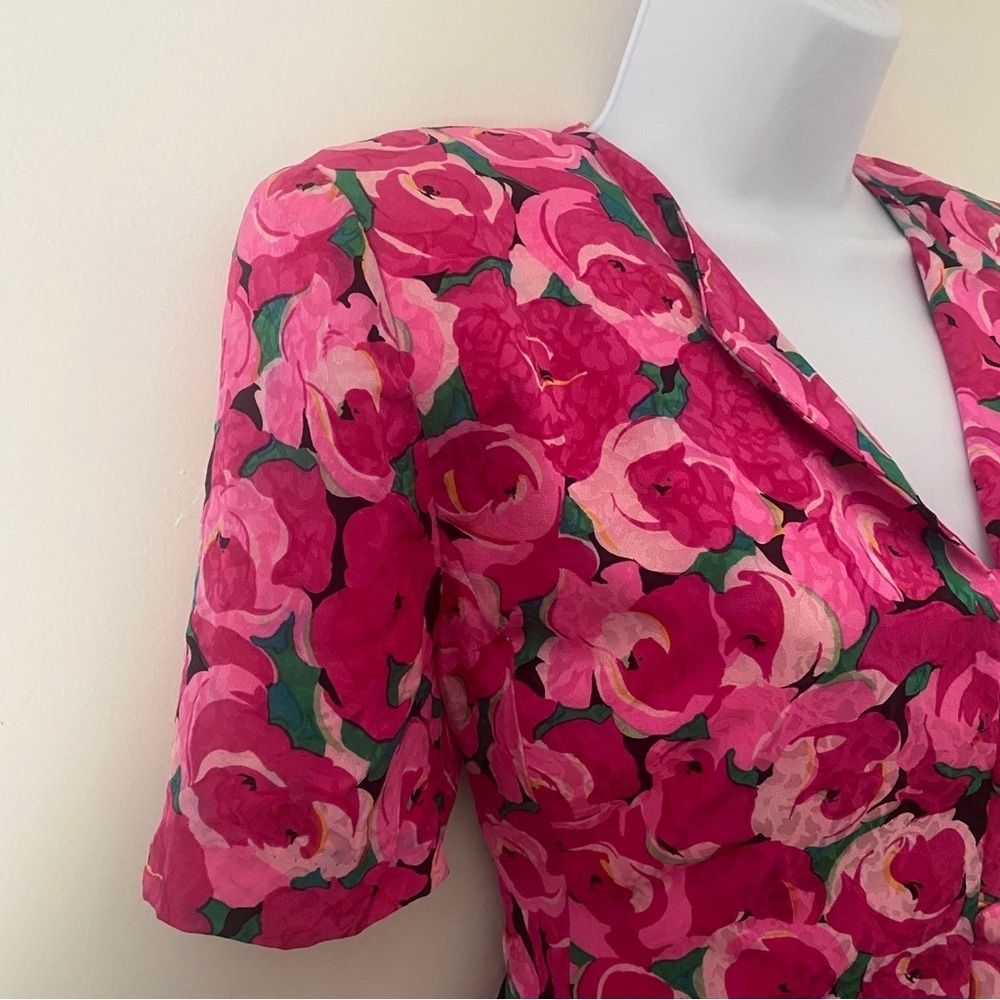 Vintage 100% Silk Pink Floral Blouse Button-Up Shirt Padded Shoulder Cottagecore - Picture 5 of 14